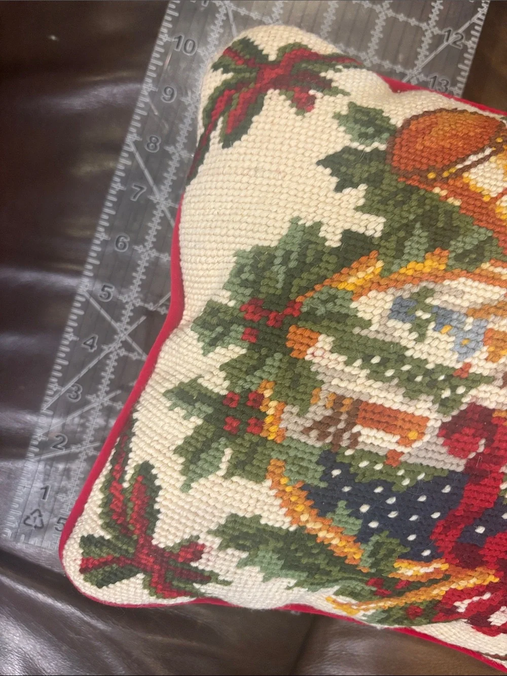 Vintage holiday  Needlepoint Horn Wreath Pillow - Cream, Red & Green